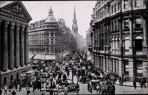Ak London City England, Mansion House, Cheapside, Pferdekutschen, Straßenansicht mit Verkehr