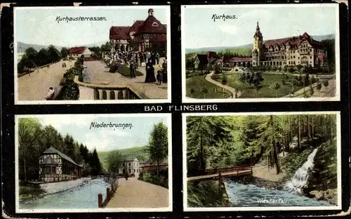 Ak Świeradów Zdrój Bad Flinsberg Schlesien, Kurhausterrassen, Kurhaus, Niederbrunnen, Wasserfall