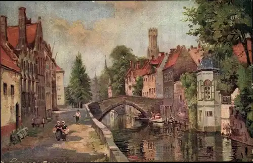 Künstler Ak Bruges Westflandern, Quai Vert, Fluss, Brücke