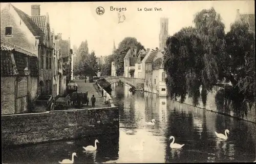 Ak Bruges Brügge Flandern Westflandern. Le Quai Vert, Fluss, Brücke, Schwäne