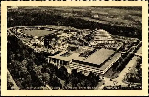 Ak Wrocław Breslau Schlesien, Jahrhunderthalle, Messehalle u. Ausstellungsgelände, Fliegeraufnahme