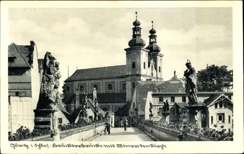 Ak Kłodzko Glatz Schlesien, Brücktorbrücke mit Minoritenkirche