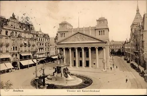 Ak Aachen in Nordrhein Westfalen, Theater mit Kaiserdenkmal