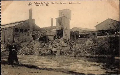 Ak Menin Menen Meenen Lys Westflandern, Ruines de Menin, Bords de la Lys et Usines a Gaz