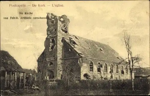 Ak Langemarck Langemark Poelkapelle Westflandern, Die Kirche von feindl. Artillerie zerschossen