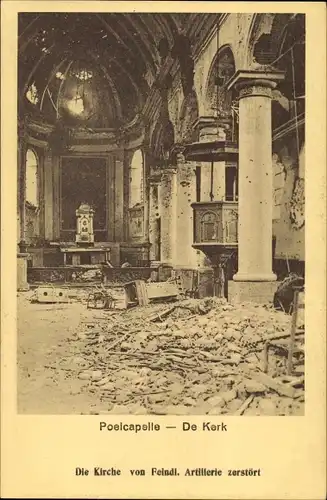 Ak Poelkapelle Flandern, die Kirche von Feindl. Artillerie zerstört, Innenansicht