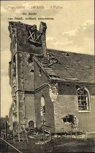 Ak Langemark Poelkapelle Westflandern, Blick auf die zerschossene Kirche, Kriegszerstörungen