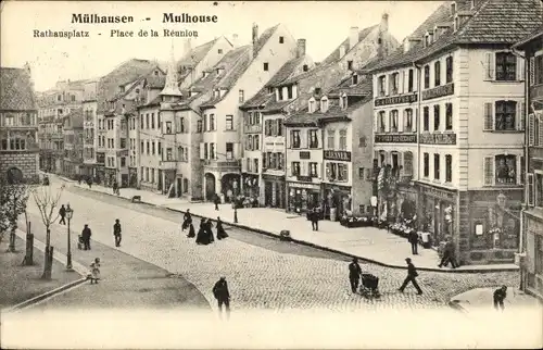Ak Mulhouse Mülhausen Elsass Haut Rhin, Rathausplatz, Geschäfte