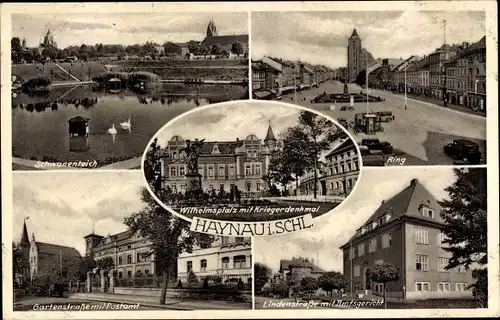 Ak Chojnów Haynau Schlesien, Ring, Lindenstraße, Amtsgericht, Schwanenteich, Post, Wilhelmsplatz
