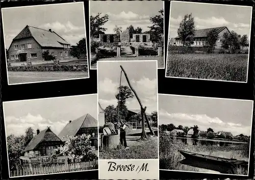 Ak Breese Prignitz, Geschäft, Denkmal, Brunnen, See, Reetdachhäuser