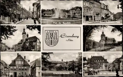 Ak Eisenberg in Thüringen, Wappen, Schloss, Sparkasse, Rathaus, Ernst-Thälmann-Platz