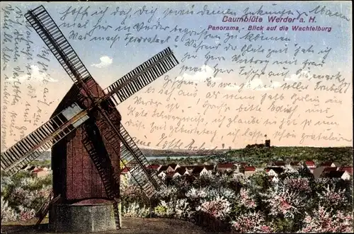 Ak Werder an der Havel, Windmühle, Panorama, Blick zu Wachtelburg, Baumblüte