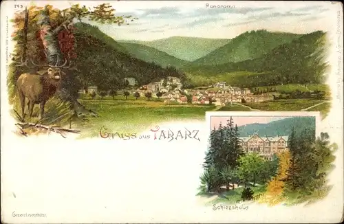 Litho Tabarz in Thüringen, Schießhaus, Hirsch, Gesamtansicht