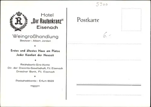 Ak Lutherstadt Eisenach in Thüringen, Hotel Der Rautenkranz