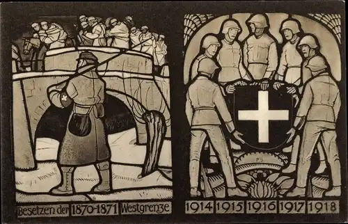 Ak Dübendorf Kanton Zürich, Grenzbesetzungsscheiben aus dem Soldatenhaus, 1870-71, 1914-18