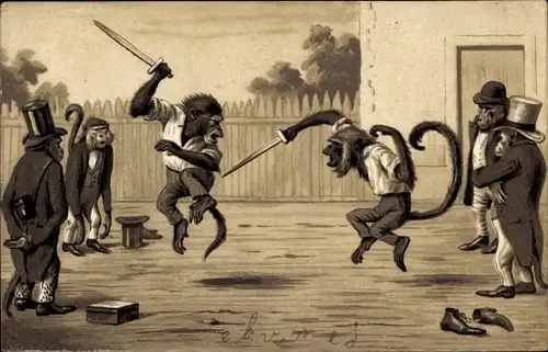 Präge Ak Paviane als Schwertkämpfer, Frack, Zylinder, vermenschlichte Affen