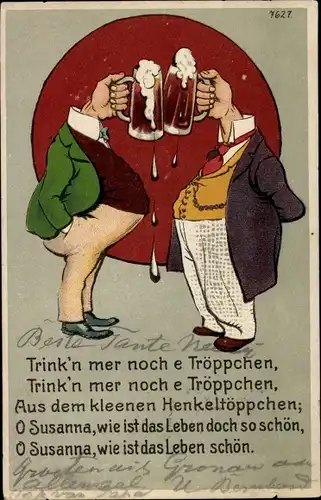 Ak Trink'n mer noch e Tröppchen, Männer, Hände mit Bierkrügen als Kopf, BB&OL 7627