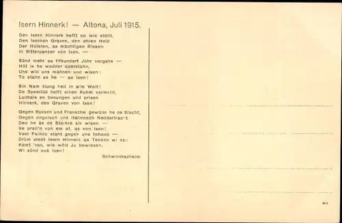 Ak Hamburg Altona, Isern Hinnerk, Kriegswahrzeichen 1915, Gedicht