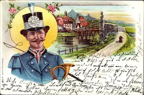 Litho Postbote, Briefträger, Posthorn, Ortsansicht