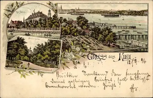 Litho Kiel Schleswig Holstein, Hafenbild, Garten, Königliches Schloss
