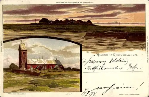 Künstler Litho Biese, Boldixum Wyk auf Föhr, Hallige mit Kirche Boldinum