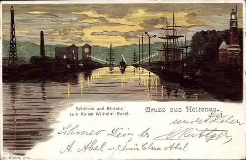 Litho Holtenau Kiel in Schleswig Holstein, Schleuse mit Einfahrt zum Kaiser Wilhelm Kanal