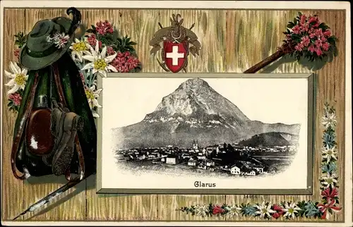 Präge Wappen Ak Glarus Kt. Glarus, Wanderrucksack, Schuhe, Feldflasche, Totalansicht, Wanderstab