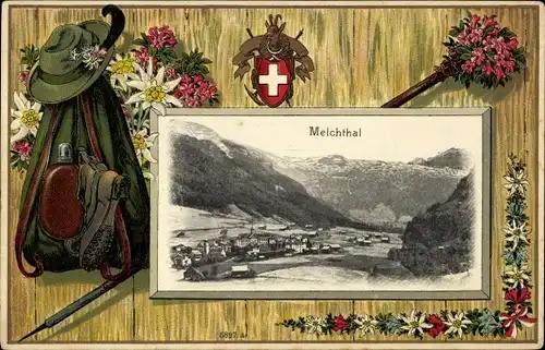 Präge Wappen Ak Melchtal Obwalden, Wanderrucksack, Schuhe, Feldflasche, Totale, Wanderstab