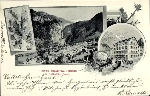 Ak Thusis Kanton Graubünden, Hotel Rhaetia, Totalansicht der Ortschaft