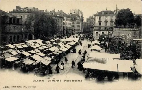 Ak Lausanne Kt. Waadt Schweiz, Le Marché, Place Riponne, Cafe