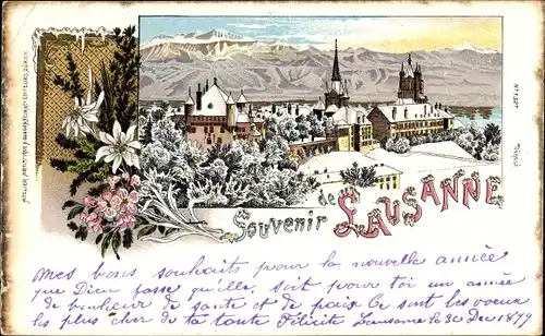 Winter Litho Lausanne Kanton Waadt, Blick auf den Ort, Edelweiß