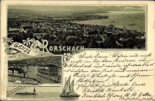 Litho Rorschach Kanton Sankt Gallen Schweiz, Totalansicht der Ortschaft, Segelboot
