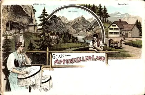Litho Weissbad Halbkanton Appenzell Innerrhoden, Wildkirchlein,Frau in Tracht beim Sticken,Seealpsee