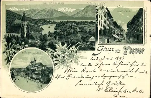 Litho Thun Kanton Bern Schweiz, Hauptgasse, Thunersee, Schloss, Totalansicht