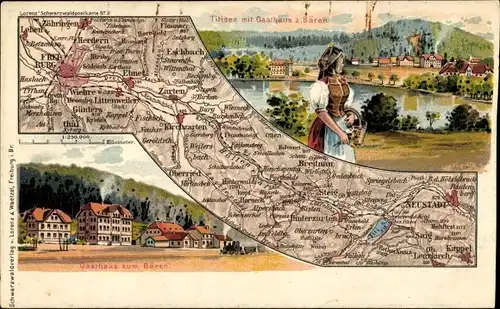 Landkarten Litho Titisee Neustadt im Breisgau Hochschwarzwald, Gasthaus zum Bären, Frau in Tracht