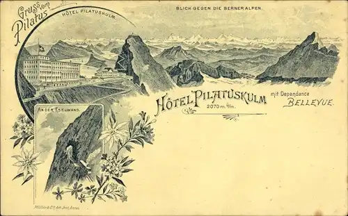 Litho Kanton Luzern Schweiz, Pilatus, Hotel Pilatuskulm, Blick gegen Berner Alpen, Eselwand