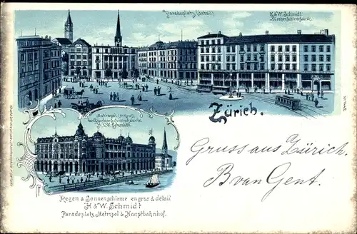 Litho Zürich Stadt Schweiz, Zürcher Schirmfabrik, Paradeplatz