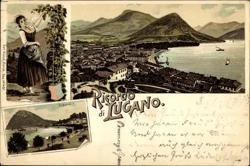 Litho Lugano Kanton Tessin Schweiz, Totalansicht der Ortschaft, Frau bei der Weinlese