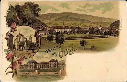 Litho Olten Kanton Solothurn, Konzertsaal, Kirche, Blick auf den Ort