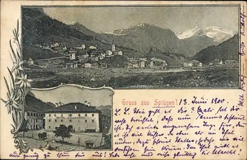 Ak Splügen Kt. Graubünden Schweiz, Hotel Bodenhaus, Totalansicht