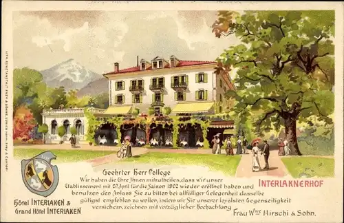 Litho Interlaken Kt. Bern Schweiz, Interlakner Hof, Grand Hotel