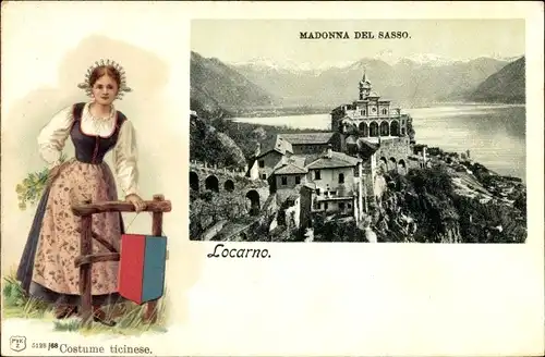 Ak Locarno Kanton Tessin Schweiz, Madonna del Sasso, Frau in Tessiner Tracht