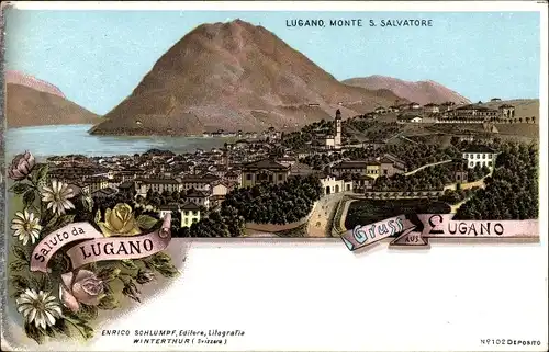 Litho Lugano Kanton Tessin Schweiz, Monte S. Salvatore, Blick auf den Ort