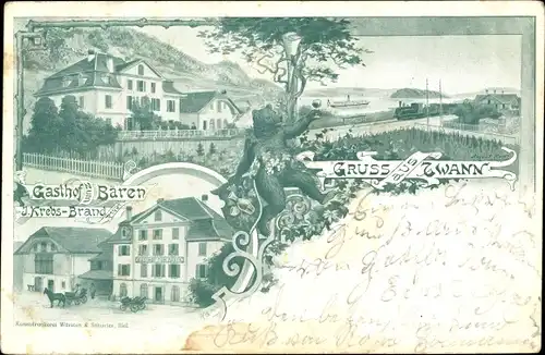 Ak Twann Kanton Bern, Gasthof zum Bären, Eisenbahn