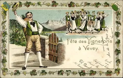 Litho Vevey Kanton Waadt, Fete des Vignerons, Tänzer in Trachten