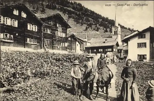 Ak Saas Fee Kanton Wallis, Dorfpartie, Personen mit Kuh