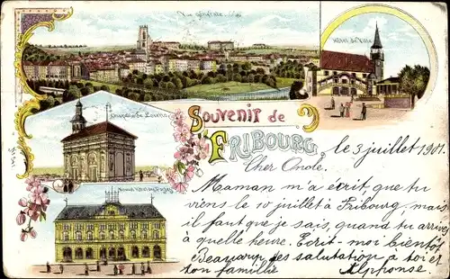 Litho Fribourg Freiburg Stadt Schweiz, Hotel de Ville, Chapelle de Loretto, Hotel des Postes