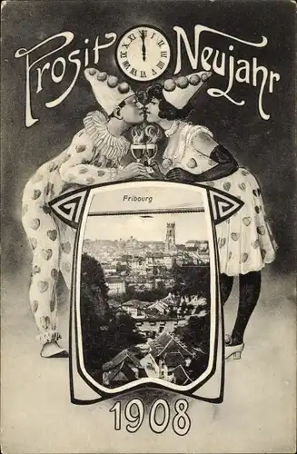 Passepartout Ak Fribourg Freiburg Stadt Schweiz, Glückwunsch Neujahr, Jahreszahl 1908, Pierrot