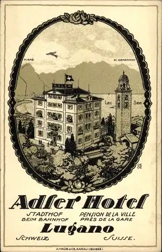 Künstler Ak Lugano Kanton Tessin Schweiz, Adler Hotel, Monte Bre, Monte Generoso