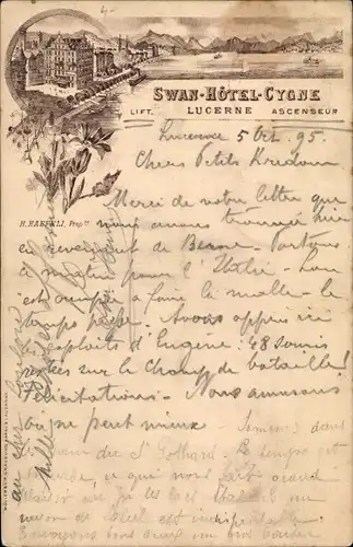 Vorläufer Litho Luzern Stadt Schweiz, Swan Hotel Cygne, 1895